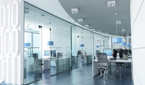 Very realistic 3D rendering of a modern corporate office in white, glass and blue